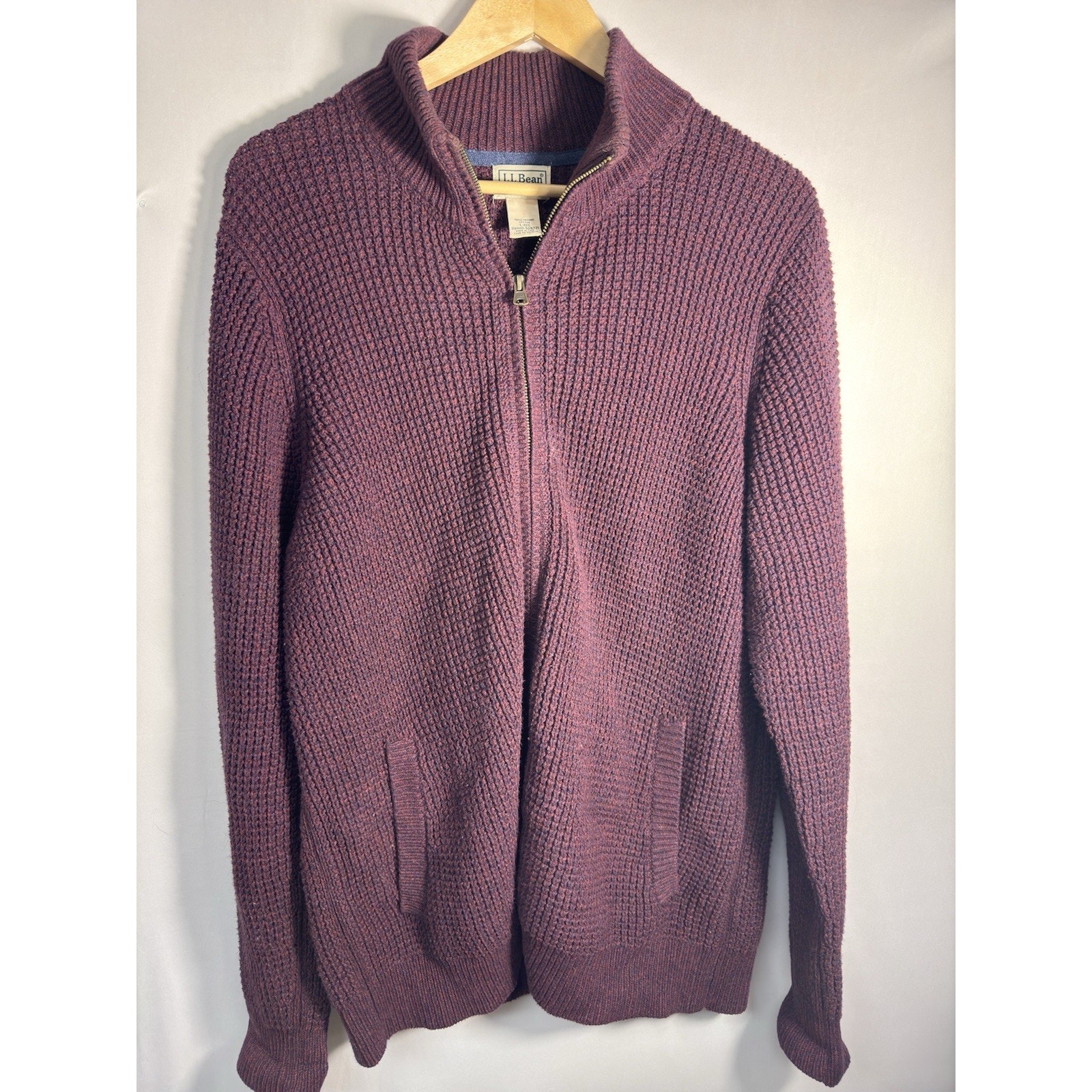 Waffle Knit Full Zip Sweater Jacket Mock Neck Cotton Burgundy L L.L.Bean